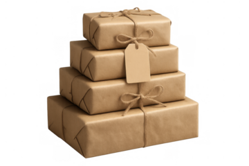 Group of stacked parcels, wrapped in recyclable kraft paper with rustic twine and a blank label, ready for mail or celebration