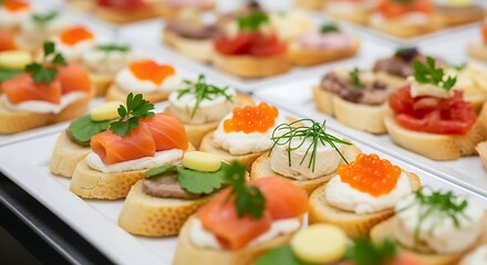 Elegant canaps on a white platter showcasing diverse gourmet toppings
