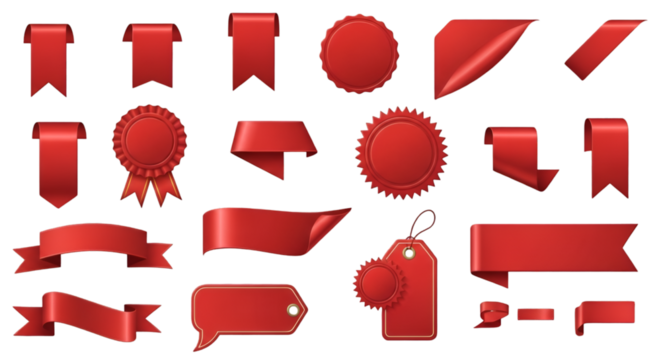 Assortment of Red Ribbons Tags and Seals on Black Background