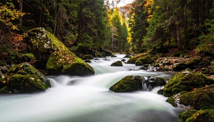 Blurry White River Flowing Through Moss Covered Rocks Amidst Dense Green Forest Trees With Golden Autumn Leaves Sunlight Shining Through Canopy