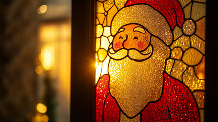 夜のステンドグラスの窓に描かれたサンタクロース