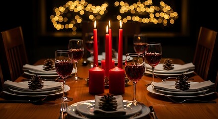 Elegant Christmas dinner table setting with red candles and wine glasses