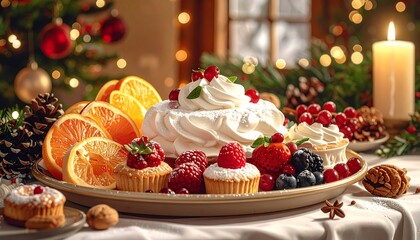 Festive spread with meringues, fruit, pastries on a table, Christmas tree, candle, and warm bokeh backdrop
