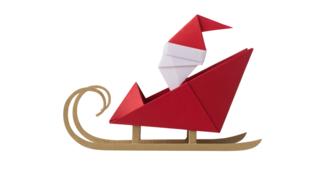 A charming origami Santa Claus figure in a red sleigh, crafted from paper, ready for Christmas festivities. Isolated on a transparent background. background removed