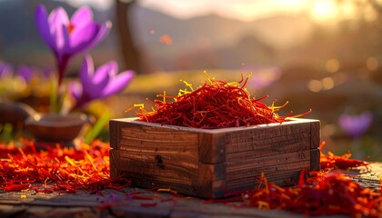 Focus on saffron in wooden box, purple flowers, blurred background, sun rays, warm tones
