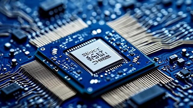 Blue tinted macro shot of a computer processor on a detailed circuit board