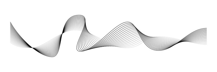 Black wave lines in dynamic curved motion on white background. Minimalist flowing shape with smooth gradient thickness for modern banner or tech design. Abstract vector illustration.