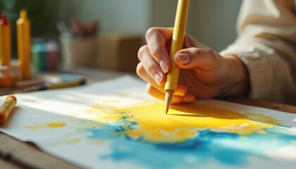 Person draws with wax crayon on paper. Female artist creates blue yellow color abstract painting. Close up of hands, workplace. Hobby and creative work. Art studio workshop drawing process.