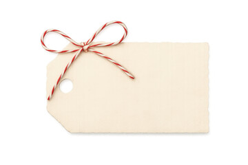 Blank vintage paper tag with red and white baker's twine bow, ready for a gift message or price label on transparent background