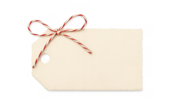 Blank vintage paper tag with red and white baker's twine bow, ready for a gift message or price label on transparent background