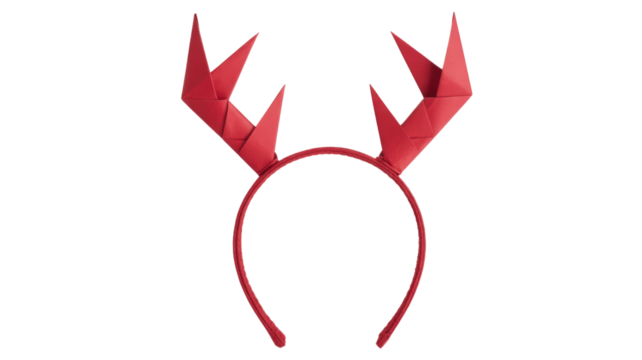 A vibrant red headband featuring unique, angular, folded paper-like antlers or horns, perfect for festive occasions or costume parties, against a solid transparent background. background removed