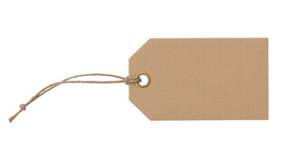 A blank, rustic kraft paper tag with a brass eyelet and natural twine, ready for text or labeling, isolated on a transparent background. background removed