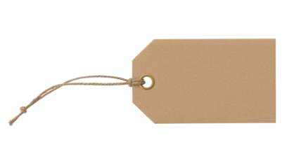 A blank, rustic kraft paper tag with a brass eyelet and natural twine, ready for text or labeling, isolated on a transparent background. background removed