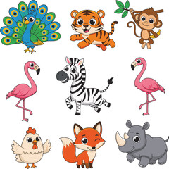 Fototapeta premium Cute Cartoon Animal Set, Colorful Flat Vector Illustration for Kids
