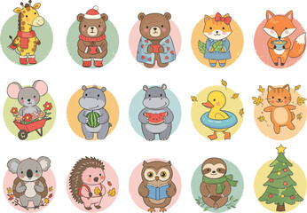 Naklejka premium Cartoon animal character set, cute wildlife icons, seasonal illustration, pastel background, kids clipart, giraffe bear fox duck owl tree
