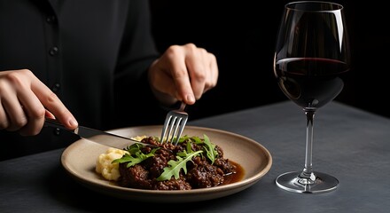 Elegant dining experience with braised beef wine pairing and exquisite presentation
