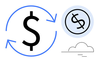 Dollar sign surrounded by arrows, small coin symbol, abstract cloud. Ideal for finance, economy, investment, cash flow, sustainability digital currency savings. Simple flat metaphor