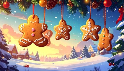 Festive winter scene with gingerbread ornaments hanging from pine branches over a snowy village landscape