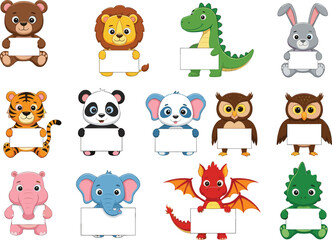 Cartoon animals holding blank signs, cute animal characters, children&rsquo;s message board, educational clipart, whimsical zoo creatures, classroom label design