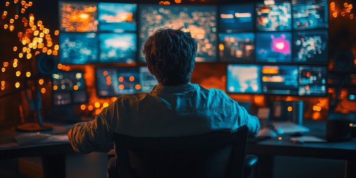 Man Diligently Monitors Multiple Screens on a Remote Video Communication Dashboard for Operations