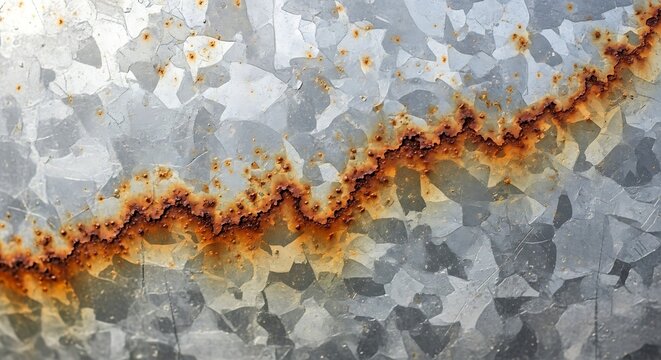 Close up of weathered galvanized metal showing rust and textured surface details