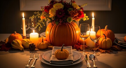 Elegant Fall Table Setting with Pumpkins Candles and Floral Arrangement