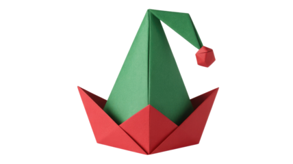 A festive green and red origami elf hat, meticulously folded from paper, features a conical top with a charming red pom-pom detail. background removed