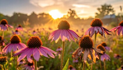 Field of echinacea flowers in warm sunset light with out-of-focus background