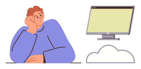 Thoughtful person resting head on hand, sitting near a computer monitor and cloud outline. Ideal for technology, cloud storage, innovation, problem-solving, remote work, digital future