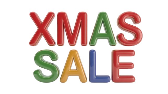 Glossy 3D 'XMAS SALE' text in festive red, green, yellow, and blue colors, ideal for holiday season promotions and advertising. background removed
