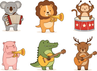 Cartoon animals playing musical instruments, cute animal band, children’s music illustration, whimsical zoo concert, fun musical characters, educational music clipart