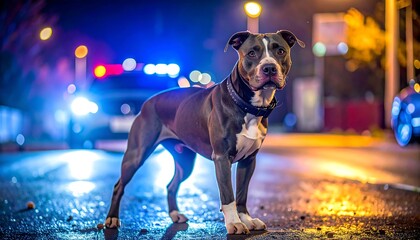 Focused gray pitbull stands on a wet road at night, illuminated by blurred, bright lights and a vehicle with blue lights