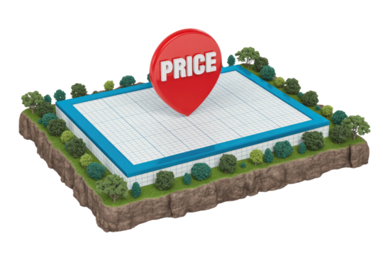 A 3D 'PRICE' pin on a graph paper plot, surrounded by trees and a cliff, representing property value or location. background removed