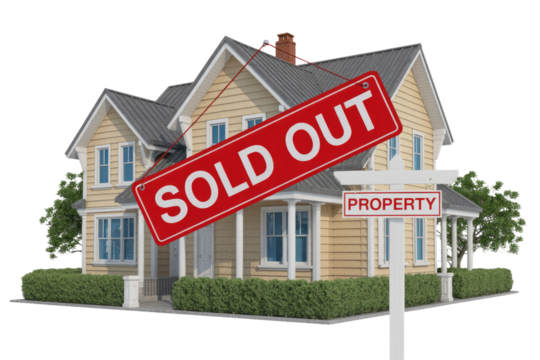 A yellow house with a gray roof and front porch, featuring a large red "SOLD OUT" sign, and a "PROPERTY" sign on a white post, on a transparent background. background removed - Powered by Adobe