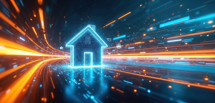Glowing blue house icon with motion blur background. House symbol with light trails, digital elements. Concept of real estate technology, futuristic property. High speed internet, smart home