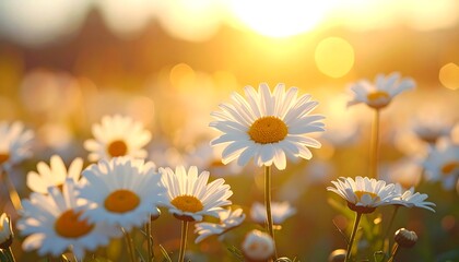 Field of white daisies bloom, petals catching the golden sunset light, soft focus background creating a serene atmosphere