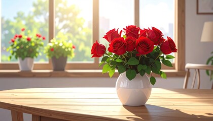 A vase of vibrant red roses sits on a wooden table bathed in bright sunlight streaming through a window with green plants in the background creating a cheerful and natural atmosphere