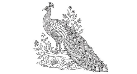 Obraz premium Detailed illustration of a peacock with foliage