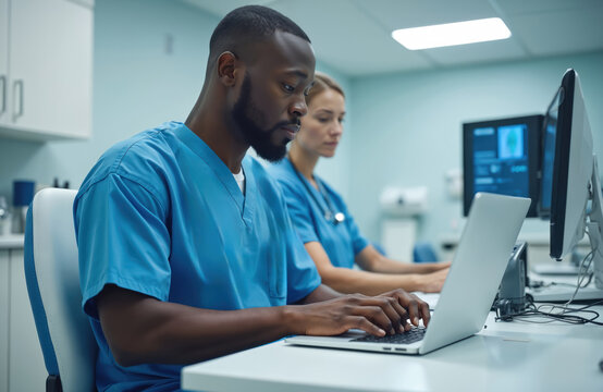 Two doctors wearing blue scrubs work at desk. African American man types on laptop. Female doctor sits near computer screen. Staff analyze patient data, medical records and treatment databases.
