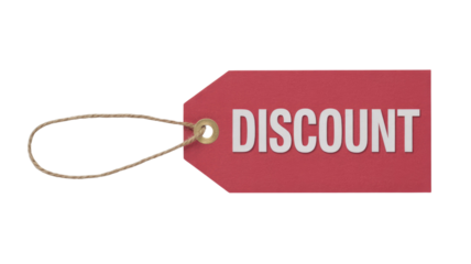 A prominent red discount tag with white bold text 'DISCOUNT' and an attached string, signaling sales and promotional offers. background removed