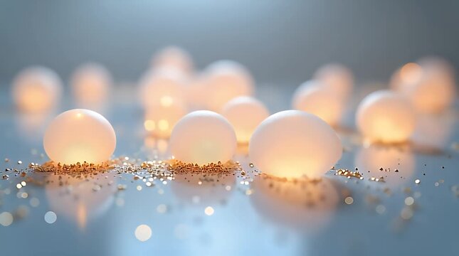 Soft glowing frosted bubbles scattered on a reflective surface with golden glitter dust, representing fragility and magical minimalism.