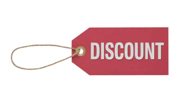 A prominent red discount tag with white bold text 'DISCOUNT' and an attached string, signaling sales and promotional offers. background removed