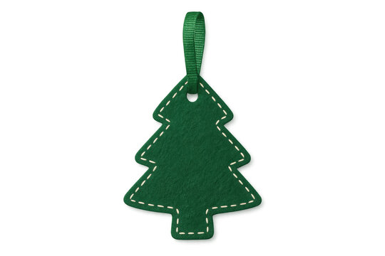 Christmas tree shaped felt tag with white stitching and green ribbon, hanging on transparent background, holiday decoration - Powered by Adobe