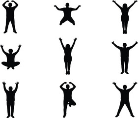 Human silhouette, expressive pose, black graphic, vector illustration, body gesture, standing figure, jumping stance, yoga balance, 