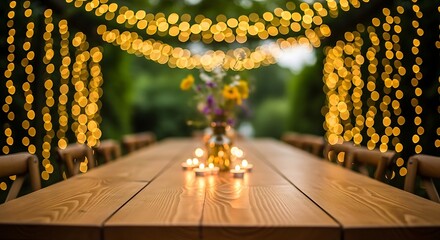 Elegant outdoor dinner setting with lights and floral centerpiece decoration