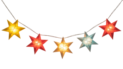 A string of five glowing paper star lanterns in yellow, red, and blue/grey, illuminating a festive dark transparent background. background removed