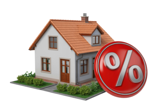 A 3D house next to a large red percentage sign, representing real estate finance, mortgage rates, property discounts, or investments. background removed