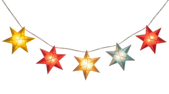 A string of five glowing paper star lanterns in yellow, red, and blue/grey, illuminating a festive dark transparent background. background removed