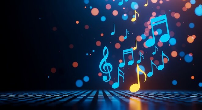 Abstract digital art featuring musical notes and glowing bokeh lights against a dark background.