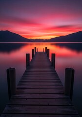 Fototapeta premium Long wooden pier extending into a calm lake, perfectly reflecting a vibrant red and orange sunset sky with distant silhouetted mountains.